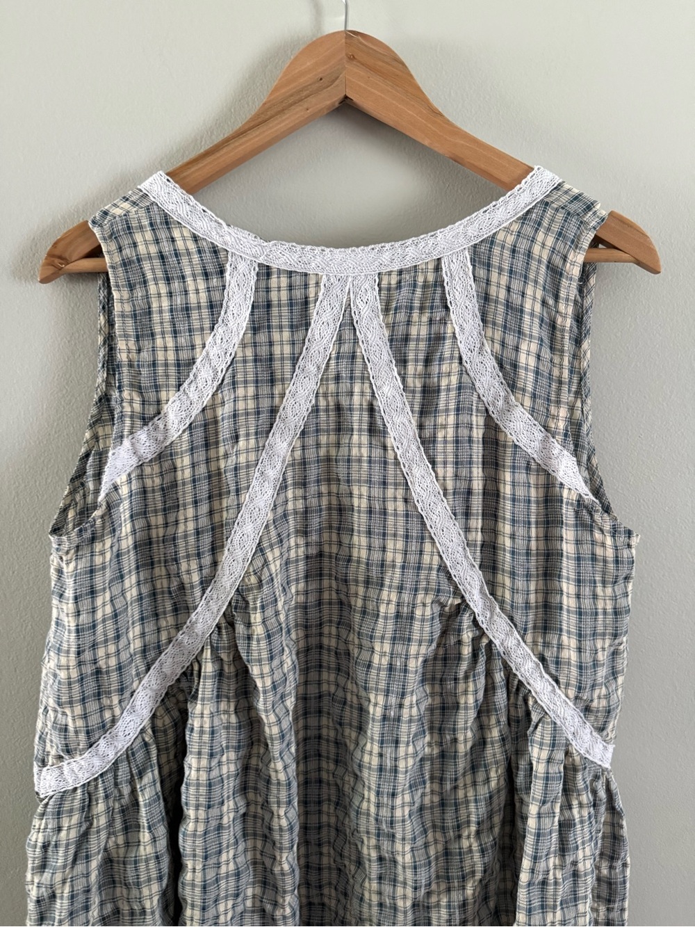Bohemian Casual Woven Blue & Beige Plaid Sleeveless Midi Dress with Lace Trim - Picture 9 of 11